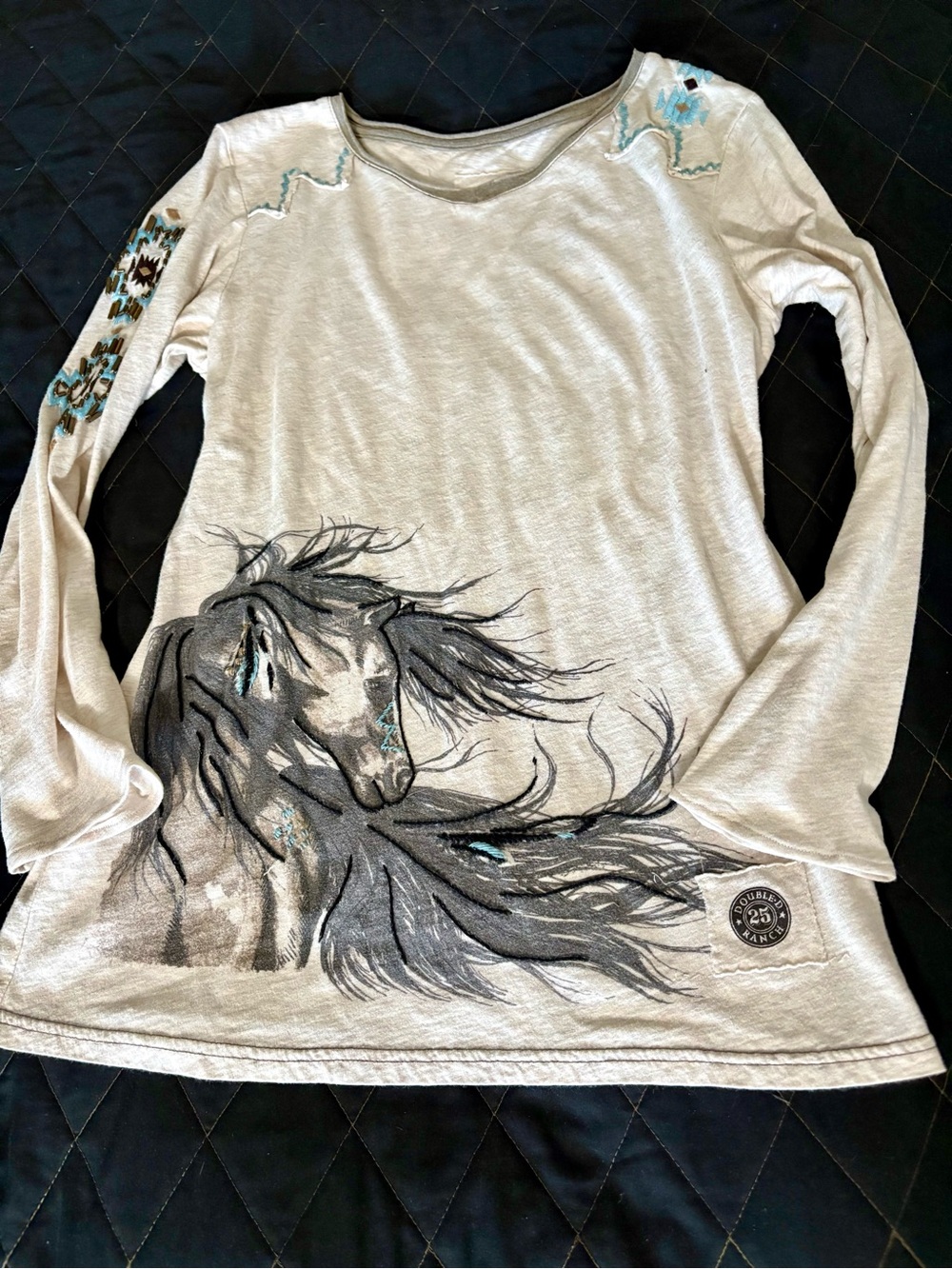 Double D Ranch Beige Long Sleeve Tee with Horse Graphic and Turquoise Accents
